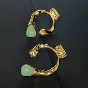 Gold Sculpted Hoop Earrings with Mint Green Teardrop Stones